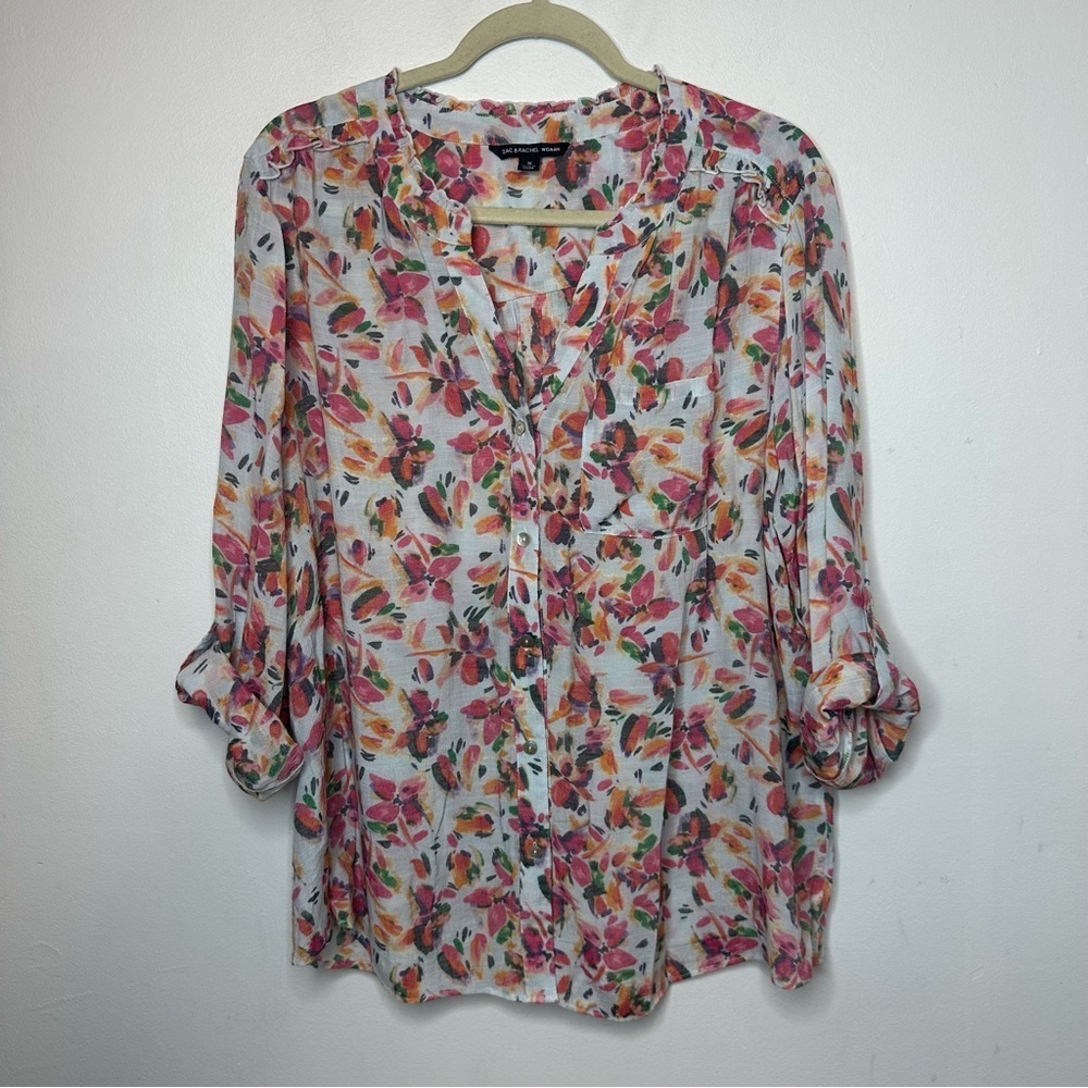 Zac & Rachel Woman Size 1X Long Sleeve Roll Tab Button Up V-neck Blouse Colorful